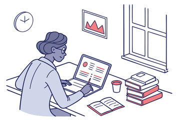Poster - Person working at desk, using laptop and taking notes, surrounded by books, in a bright room with window and wall clock, depicting a productive study session in day time