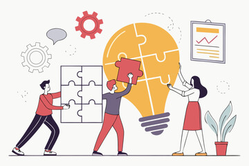 Poster - Collaborative teamwork in creative problem-solving session with light bulb and puzzle pieces in modern office setting