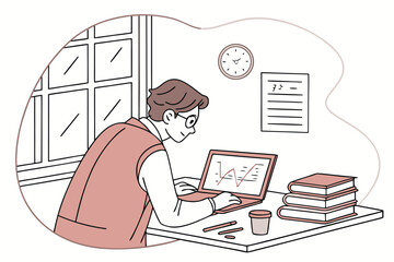 Poster - Person working on a laptop analyzing data charts in a study room with a clock and books on the table during daytime