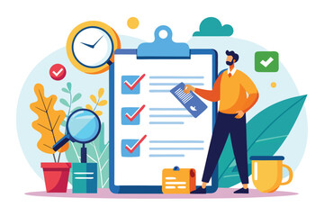 Poster - Checklist for productivity management in a modern workspace with plants, a clipboard, and various tools for organization
