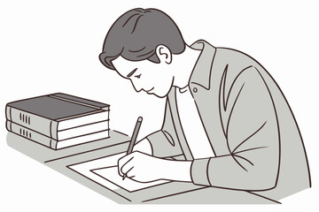 Poster - Student writes notes with books nearby at a study desk in a quiet room during the afternoon