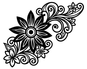 Poster - Elegant black floral flourish with swirling vines and delicate blossoms, perfect for decorative accents and design