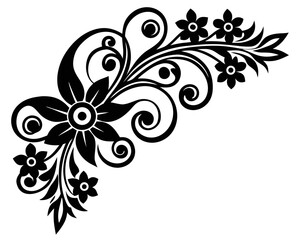Poster - Elegant black floral swirl design with delicate flowers and leaves for decorative accents