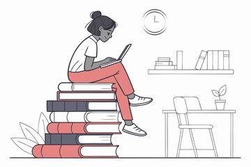 Poster - Young person reading on stacked books in a cozy study area with a clock and desk during daylight hours
