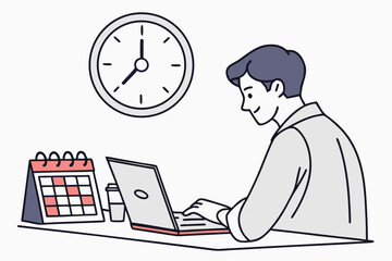 Poster - Focused professional working on a laptop while managing time with a calendar and clock in a bright office environment