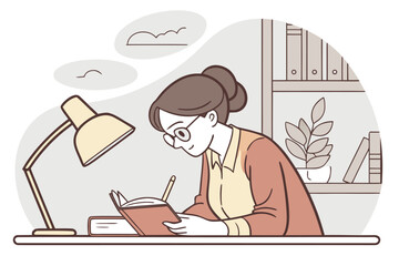 Poster - Woman reading a book while sitting at a desk with a lamp and a bookshelf in a cozy study environment during the day