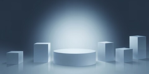 Poster - A minimalist scene with a round pedestal and various geometric cubes on a reflective surface under a soft spotlight