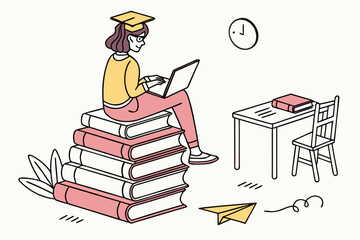 Poster - Student engaged in study while sitting atop stacked books with a laptop nearby, showcasing a focused learning environment