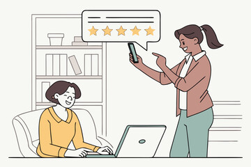 Aufkleber - Two women engaged in discussion about a positive review while working together in a cozy office setting during daylight hours