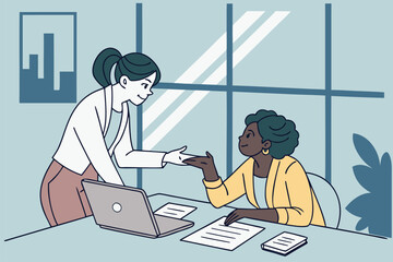 Poster - Two women engaged in a professional handshake inside a modern office setting during daylight hours