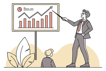 Poster - Business presentation featuring a man in formal attire explaining growth metrics with a pointer, while an audience member observes in a modern corporate setting in a bright room