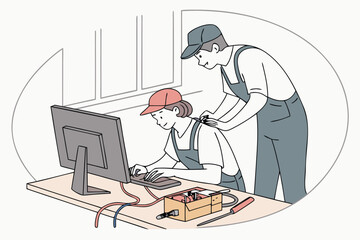Poster - Two individuals collaborate on a computer task in a workspace, showcasing teamwork and support in a professional environment