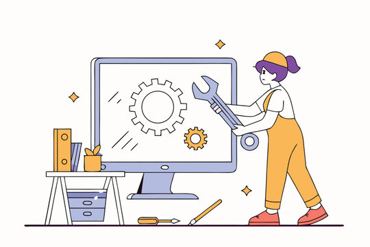 Illustration of a person repairing a computer with a wrench while using a desk workspace filled with tools and office supplies