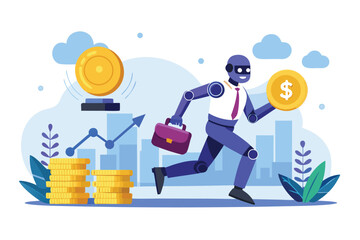 Poster - Robot business character running with coins and briefcase, showcasing financial growth in a vibrant urban landscape