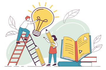 Poster - Creative brainstorming with light bulb, ladder, pencils, and open book in modern workspace