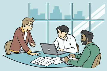 Poster - Group of professionals collaborating in a modern office setting while discussing project details around a table with a laptop
