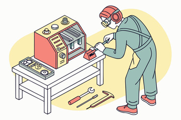 Aufkleber - Technician repairs commercial toaster in workshop while wearing protective gear and using tools on a well-organized workbench