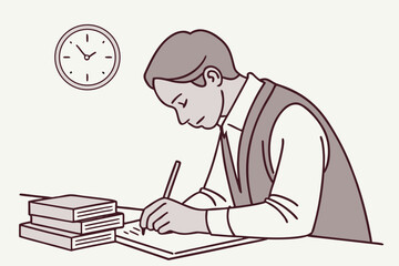 Poster - Person engrossed in writing at a study desk with books and a clock on the wall, capturing a moment of focus and productivity in a quiet setting