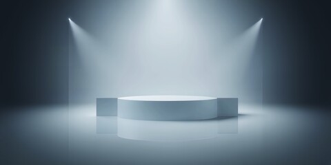 Poster - Minimalist light blue stage with two spotlights and reflective floor podium