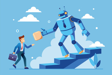 Poster - Robot assists businessman on stairs while carrying a briefcase, symbolizing the synergy between technology and professional growth in the modern workplace