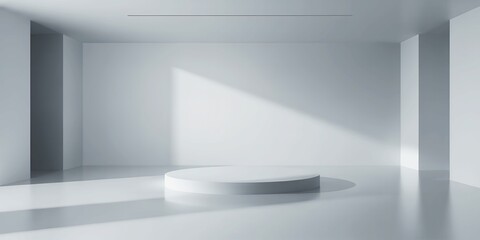 Poster - Minimalist white studio interior with a round podium and dramatic light shadows