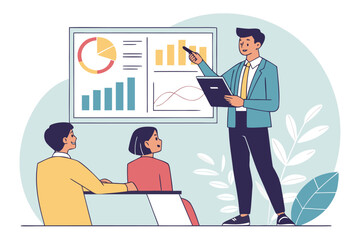 Poster - Presenter explains data trends to audience in a modern office during a professional meeting focused on analytics and business strategies
