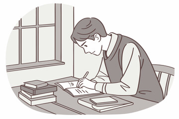 Poster - Young person studying at a wooden table with books and a notebook while sitting by a window during daylight hours