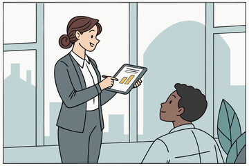 Poster - Business presentation in an office setting with a professional woman using a tablet to explain data to a colleague in a modern workspace during the day