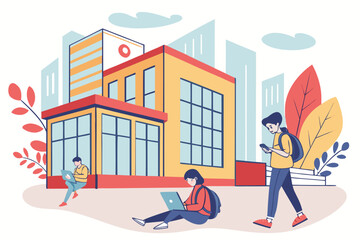 Poster - Students engaging with technology outside a vibrant urban building during a sunny day in fall