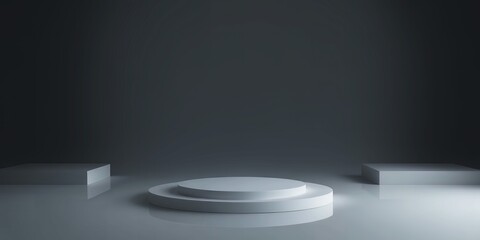 Poster - White circular and rectangular podiums arranged on a reflective surface with studio lighting