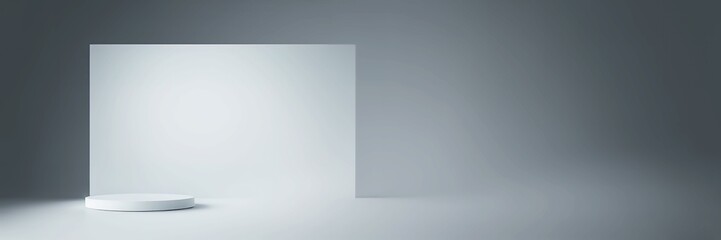 Poster - Minimalist studio setting with a round pedestal against a large white panel and a dark background