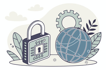 Poster - Security lock with digital design and globe representing global cybersecurity concepts in a modern and minimalist style