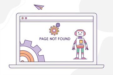 Poster - Robot character and gears displayed on a laptop screen with a message indicating a missing webpage, emphasizing the concept of 404 error in a digital environment