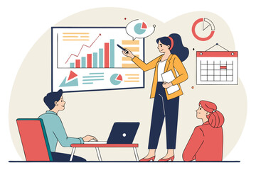 Poster - Business meeting with team discussing analysis and strategy in an office setting during the day, featuring charts and a calendar for planning