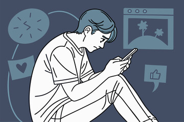 Poster - Young man sits alone engrossed in smartphone with graphics illustrating emotions and social media symbols in a dark background