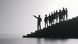 © Ruvin - Silhouetted Diverse Professionals on Layered Steps with Management Labels , Motivational Leadership Concept on White Background