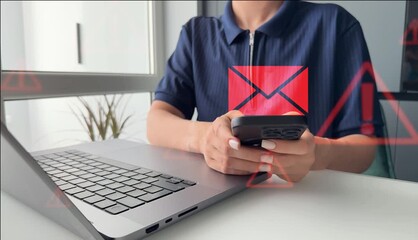 Poster - Email security and virus spam alert in email. Fake text email scam.Scammers online.Cyber scam. Spam email message on digital screen.	