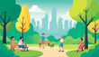 © Евгений Соловьев - A vibrant flat vector illustration depicting a diverse and happy group of people walking in a modern city park. Perfect for environmental campaigns, sustainable development presentations, social media