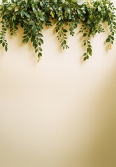 Poster - Green leafy plant border on top with light beige background and empty copy space for design, banner, or postcard layout. Ai generative.