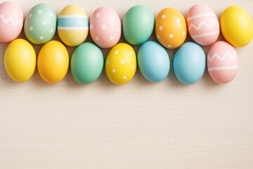 Poster - Colorful pastel Easter eggs arranged in a top row on light wooden background with decorative patterns and polka dots for creative holiday design.