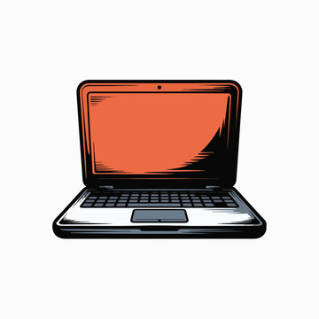 Stylized graphic illustration of an open laptop computer with orange screen and black casing