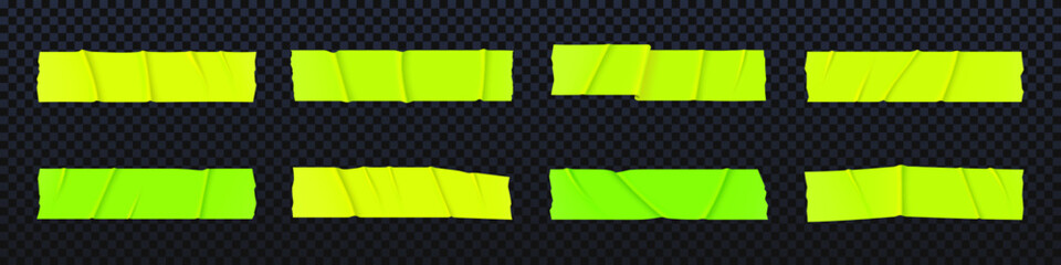Poster - Green adhesive tape strips set with realistic wrinkles. Various shapes of lime scotch pieces. Sticky paper patches for office notes, repairs or scrapbooking projects on dark background.