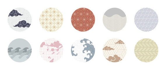 Poster - Japanese tradition circle set with ornamental patterns - clouds and waves, geometric texture borders, cherry blossoms and branches. Traditional oriental design elements for Asian decorative artwork.