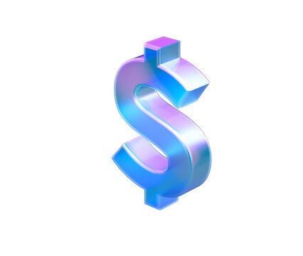 3D Shiny iridescent dollar symbol in cool blue tones with soft glow and depth, 3D Illustration