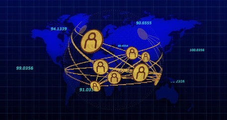 Poster - Starting grid map showing golden icons linking across rotating sphere displaying network metrics