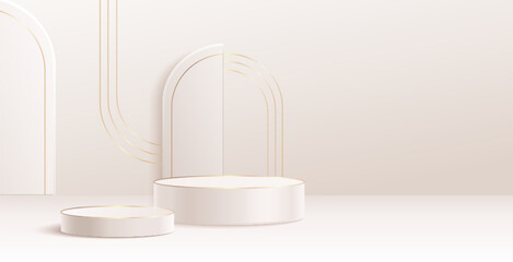 Poster - White podium display with gold line on cream background - minimalist product showcase with cylindrical platforms and elegant arch backdrop. Modern presentation stage for luxury items exhibition.