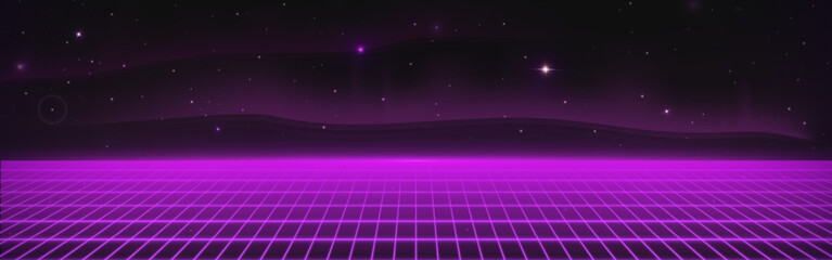 Poster - Neon purple grid floor with starry night sky - retro synthwave landscape for game bg with glowing horizon line, cyberpunk aesthetic with mountains silhouette, 80s style space and futuristic design.