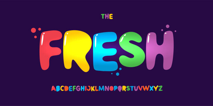 Bright colorful jellybean font logo alphabet, juicy glossy letters and childish candy vibe. Ideal for kids games, birthday parties headline, sweet packaging, toy branding. Vector typeset