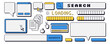 © Syuzann q - Pixel art dialog windows interfaces and speech bubbles set . 8 bit blank frames and game icons. 90s callouts and internet elements. Loading bar, search and border with cursors. Vector illustration.