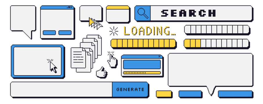 Pixel art dialog windows interfaces and speech bubbles set . 8 bit blank frames and game icons. 90s callouts and internet elements. Loading bar, search and border with cursors. Vector illustration.